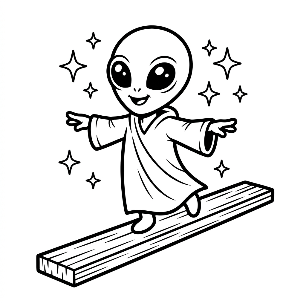 Baby Yoda coloring page doing gymnastics on a beam